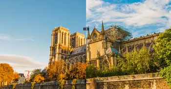 Cathédrale Notre Dame avant et après l'incendie 